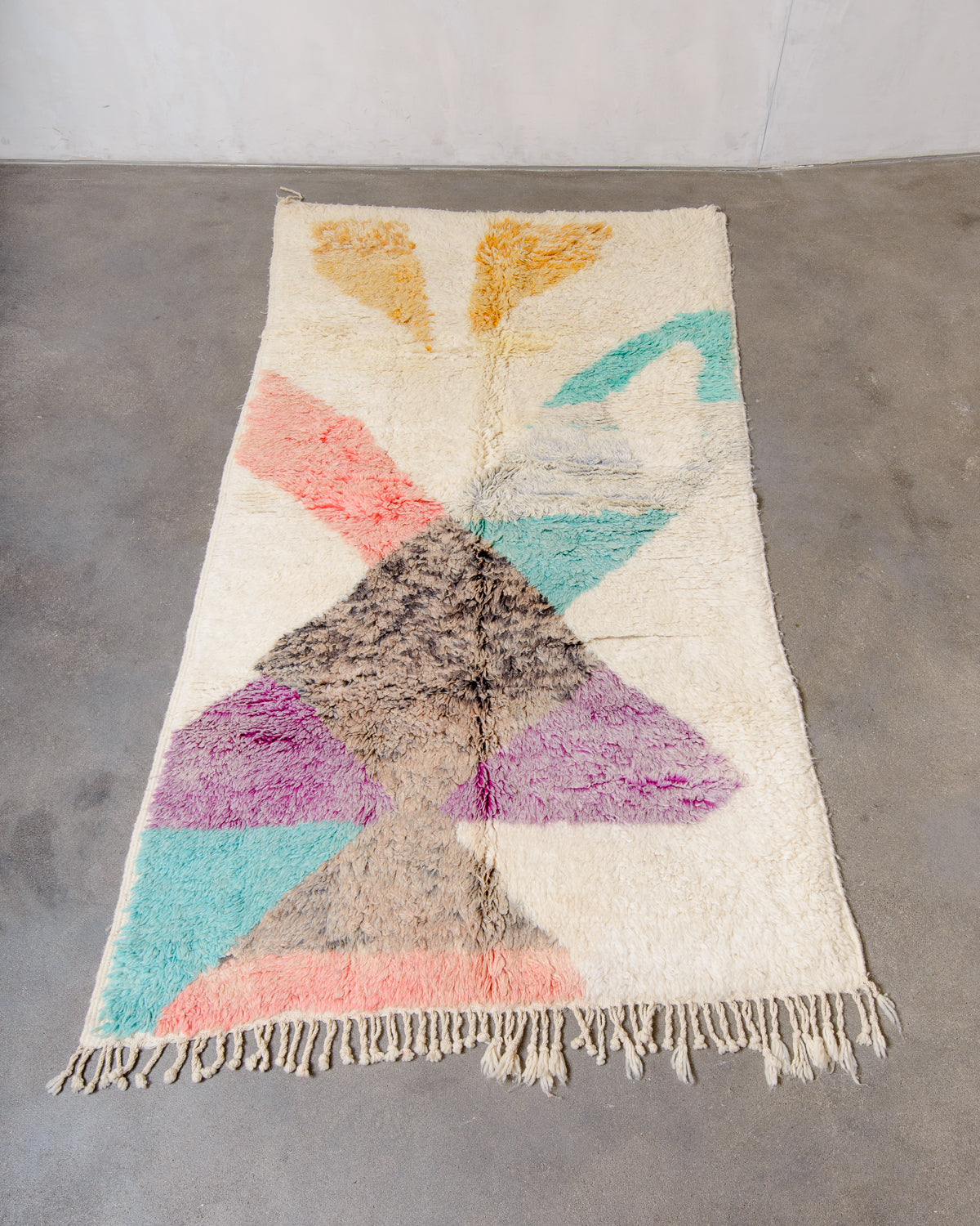 Modern, designer, handcrafted Berber rug from Morocco. Vintage carpet with beautiful colours and patterns and fluffy texture.